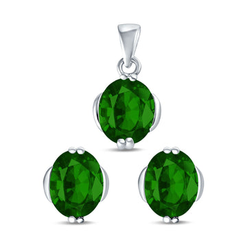 Jewelry Set Pendant Earring Oval Simulated Green Emerald Cubic Zirconia 925 Sterling Silver